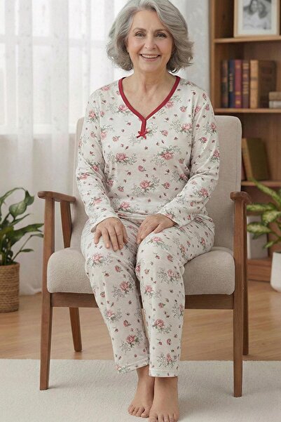 Niket Life Women's Patterned Piping Collar Long Sleeve Long Length Combed Cotton Mother Pajama Set
