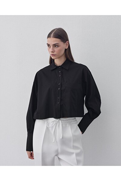 Aybikestil Poplin Kısa Crop Cepli Gömlek Siyah