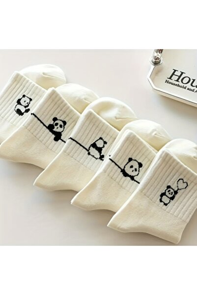 çorapmanya 5 Çift Sevimli Komik Panda Yarım Konç Baskılı Kadın Çorap