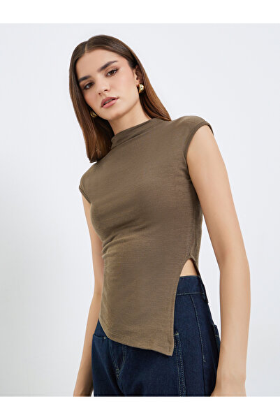 Styli Women Brown Knit Mock Neck Sleeveless Top
