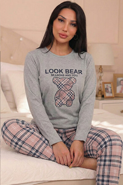 Niket Life Women's Teddy Bear Patterned and Look Bear Slogan Six-Plaid Patterned Crew Neck Long Sleeve Six-Long Combed Cotton