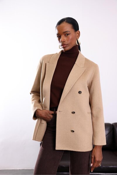 5in1Canpolat Camel Gold Button Detailed Premium Wool Coat