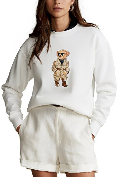 The Champ Clothing سترة نسائية قصة فضفاضة ترينتش بير 3D مطبوع باللون الأبيض – ياقة دائرية، 3 خيوط مزدوجة