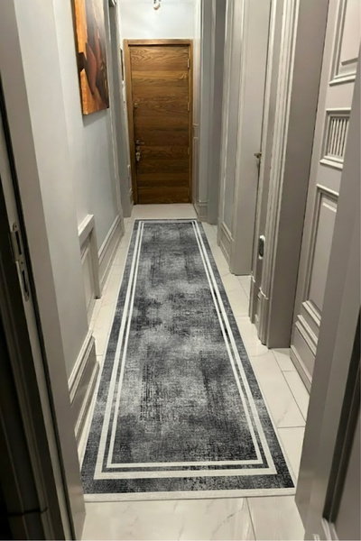 VOPTEKS Beyaz Gri Halı Yolluk Makinede Yıkanabilir Halı Kaymaz Taban Halı