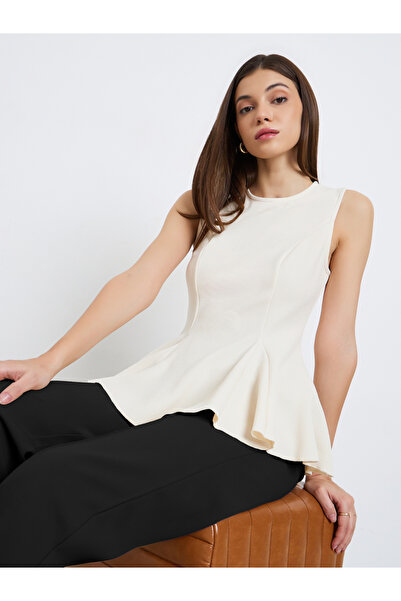 Styli Women Cream Sleeveless Knit Peplum Top