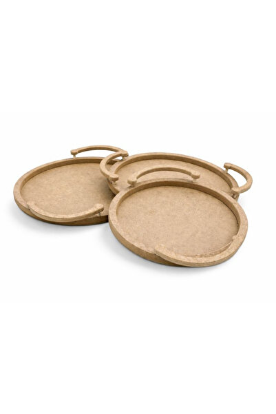 na neşeli ahşap Tps14 Set of Wooden Paintable Round Presentation Trays with Handles Raw Wood Hobby Decorative Use Set