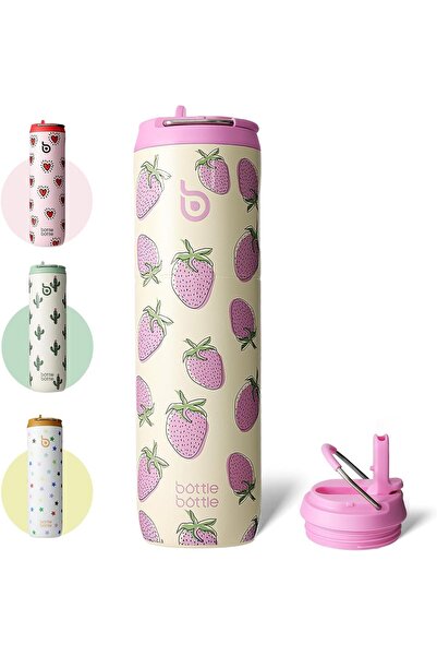 Generic زجاجة ماء معزولة سعة 24 أونصة مع غطاء من القش ومقبض للرياضة والسفر وصالة الألعاب الرياضية المصنوعة من الفولاذ المقاوم للصدأ