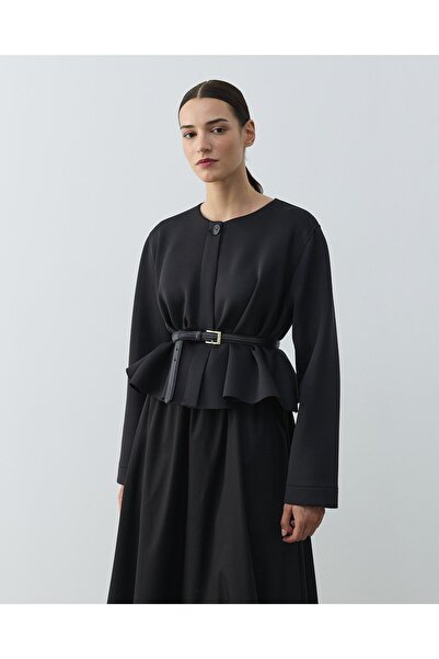 Aybikestil Puf Kısa Crop Volanlı Ceket Siyah