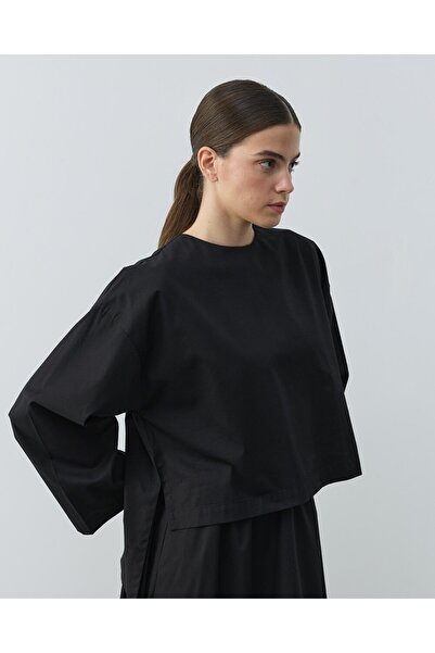 Aybikestil Paper Gabardin Yırtmaçlı Basic Bluz Siyah