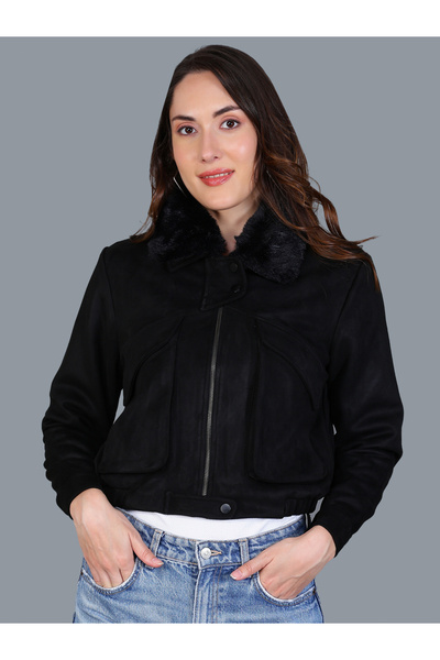 Fort Collins By Styli Women Black Faux Suede Jacket with Fur Collar