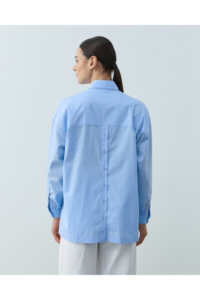 Aybikestil Poplin Yırtmaçlı Kısa Gömlek Mavi