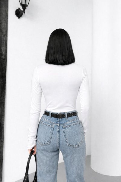 Generic Brand Women's Basic Bodysuit with Finger Loops at the Wrist – Long Sleeves, Half Turtleneck, Stretchy Fabric (White)