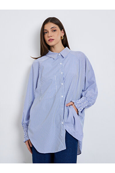 Styli Women Blue Striped Oversized Shirt