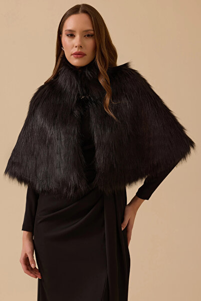 SEÇİL فرو صناعي ياقة مرتفعة متوسطة الطول للنساء 8001 أسود