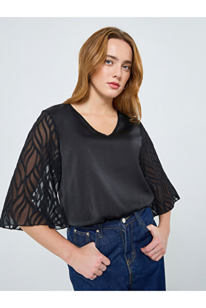 Take Two By Styli Women Black Butterfly Sleeve Textured Top