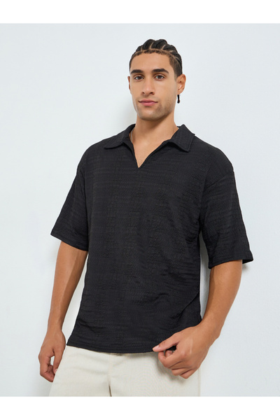 Styli Men Textured Woven Relaxed Polo with Open Collar