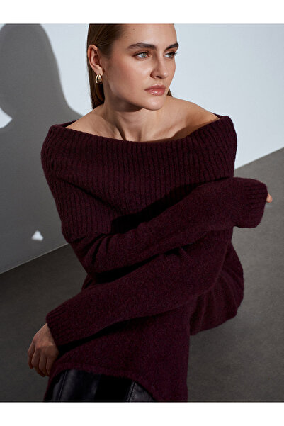 Dilvin 90259 Yün Karışımlı Triko Elbise-Koyu Bordo