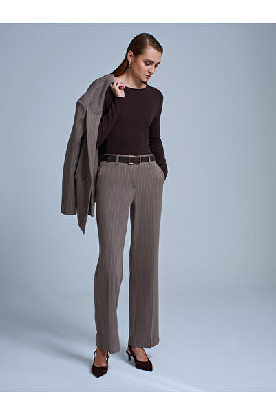 Dilvin 72235 Belted Straight Cut Trousers-Mink