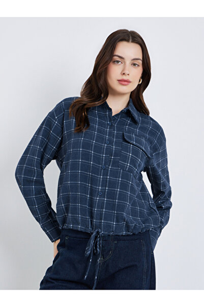 Styli Women Blue Checkered Crop Shirt with Drawstring