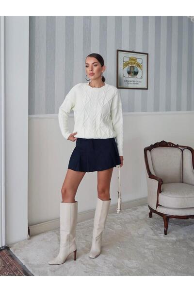 Maysev Saç Örgü Regular Fit Bisiklet Yaka Uzun Kollu Ekru Kadın Kazak