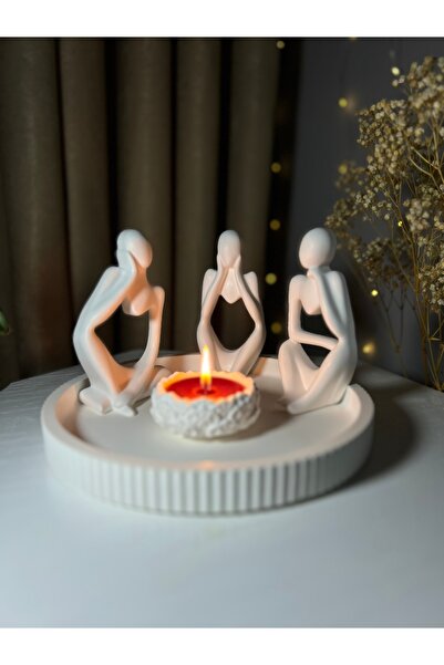COCO CRAFT ES 3’lü Beyaz Heykel Biblo, Tabak Ve Mumluk Seti Dekoratif Süs Eşy...