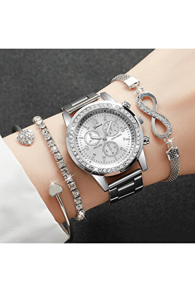 Choice مجموعة ساعات نسائية فضية أنيقة مرصعة بأحجار الراين، بسوار فولاذي فاخر،...
