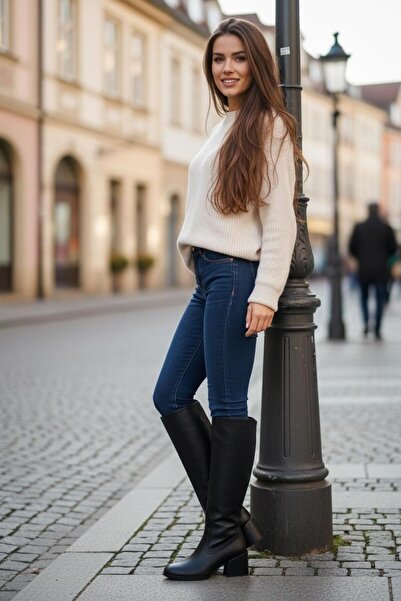 BAYRAMOĞLU KUNDURA Cizme de damă negre, casual, cu toc gros, cu fermoar și lâ...