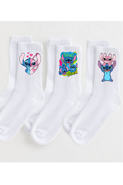 Tubinyoo Stitch Baskılı Beyaz Soket Çorap