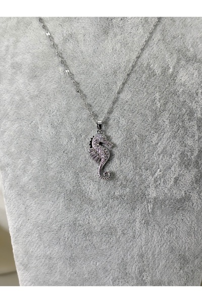divakse Steel Necklace with Zircon Stone Sea Horse Figure Silver