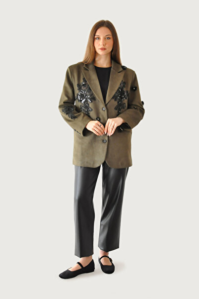 Rukayyel Nakışlı Süet Ceket - Haki