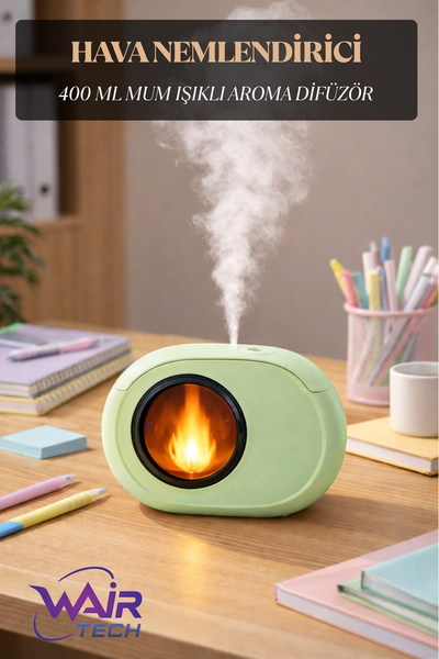 Wair Teknoloji Led Flame Effect Desktop Air Humidifier 400 Ml, with Night Lig...