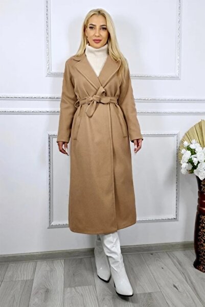 FashionForYou Camilla long coat, with pockets and drawstring at the waist, Beige