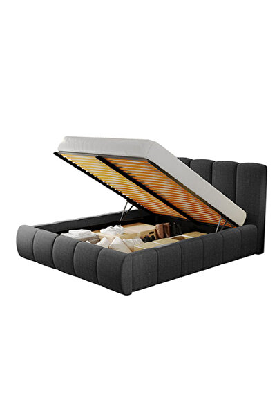 Conforto.ro Nuvole upholstered double bed, wooden frame and palladium, anthracite gray, with folding slatted bed base and storage box