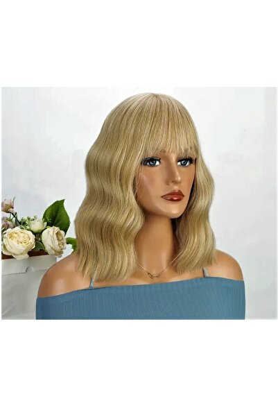 animis beauty Perucă bob blond nisipos, fibră sintetică cu aspect, păr mediu ondulat, cu breton, 36 cm