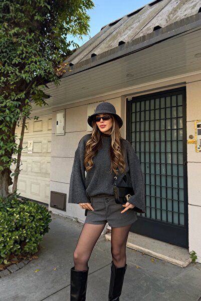 Laluvia Anthracite Corded Fabric Oversized Sweater - 26808