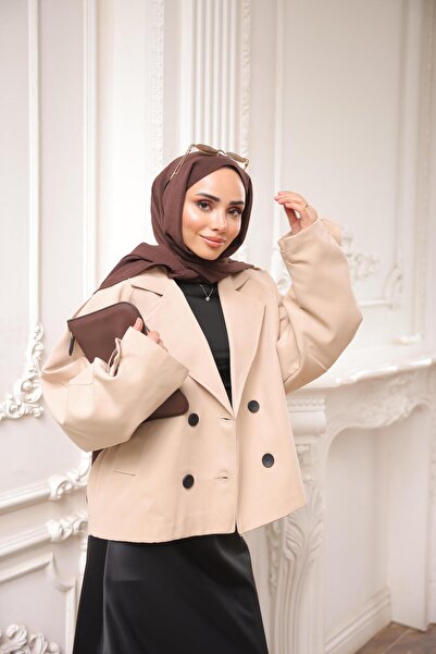 Bwest بأزرار على الجهتين معطف قصير بياقة وجيب - (38-44) - 71331 - بيج