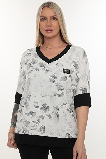 QRUVAZE Plus Size Blouse V-Neck Brush Pattern