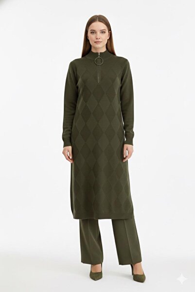 Armine TREND Armine Yaka Fermuarlı Desenli Triko Tunik