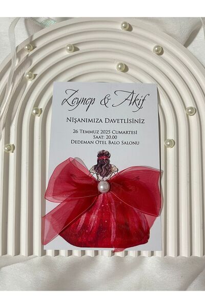 peri davetiye İncili Kırmızı Kurdeleli Nişan - Kına Kartı Ölçü: (14,5 x9,5 )