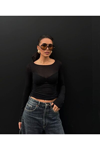 Be Best Women's Black Boat Neck See-Through Blouse Be269