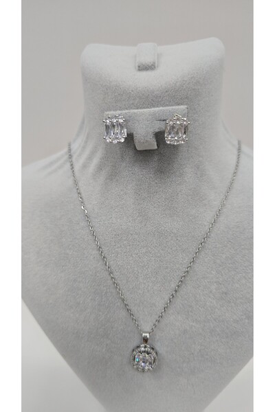 NO NAME Stainless Steel Silver Color Baguette Zircon Stone Necklace, Earrings...