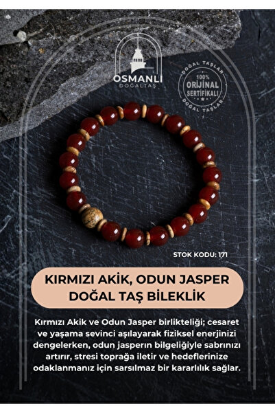 OSMANLI DOĞAL TAŞ Certified Red Agate, Wood Jasper Natural Stone Bracelet (Sk:171)
