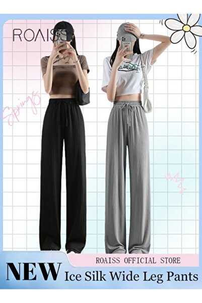 ROAISS 2 Piece Ice Silk Wide Leg Pants for Women Soft Trousers Ladies Mom's L...