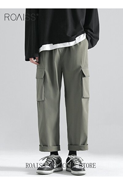 ROAISS Men's Ankles-tied Loose Straight Cargo Pant Multi-Pocket Polyester Car...