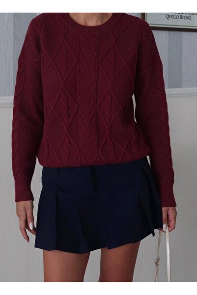 Maysev Saç Örgü Regular Fit Bisiklet Yaka Uzun Kollu Ekru Kadın Kazak