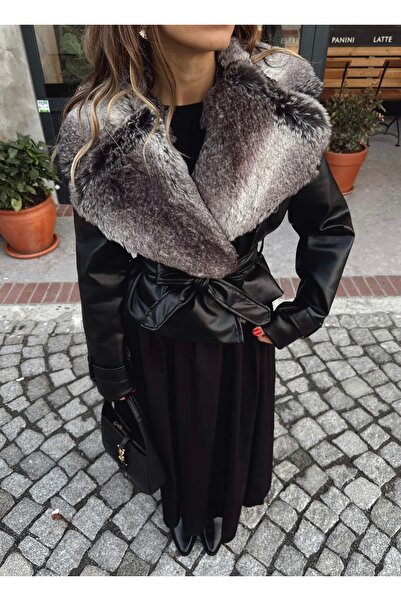 fashion hunter SİYAH DEGRADE KÜRK YAKALI KEMERLİ DERİ CEKET