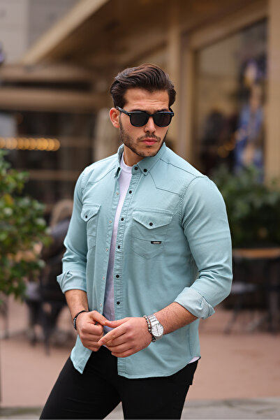 modabm Erkek Slimfit Kesim Çift Cepli Çıtçıtlı Keten Gömlek