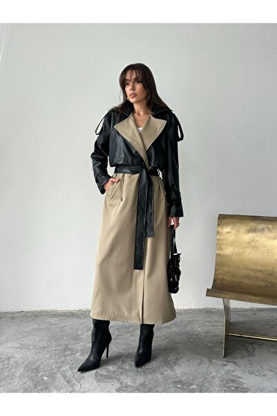 MAXXANA Leather Paneled Belted Trench Coat