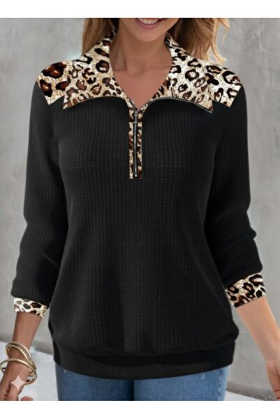 Deridün Yıldız Shoes بلوزة نسائية بأكمام طويلة وياقة على شكل فهد وسحاب من قما...