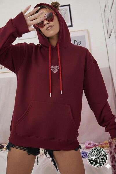 CAST COLLECTİON سترة نسائية باللون العنابي تروك ستون هارت مطبوع بغطاء رأس